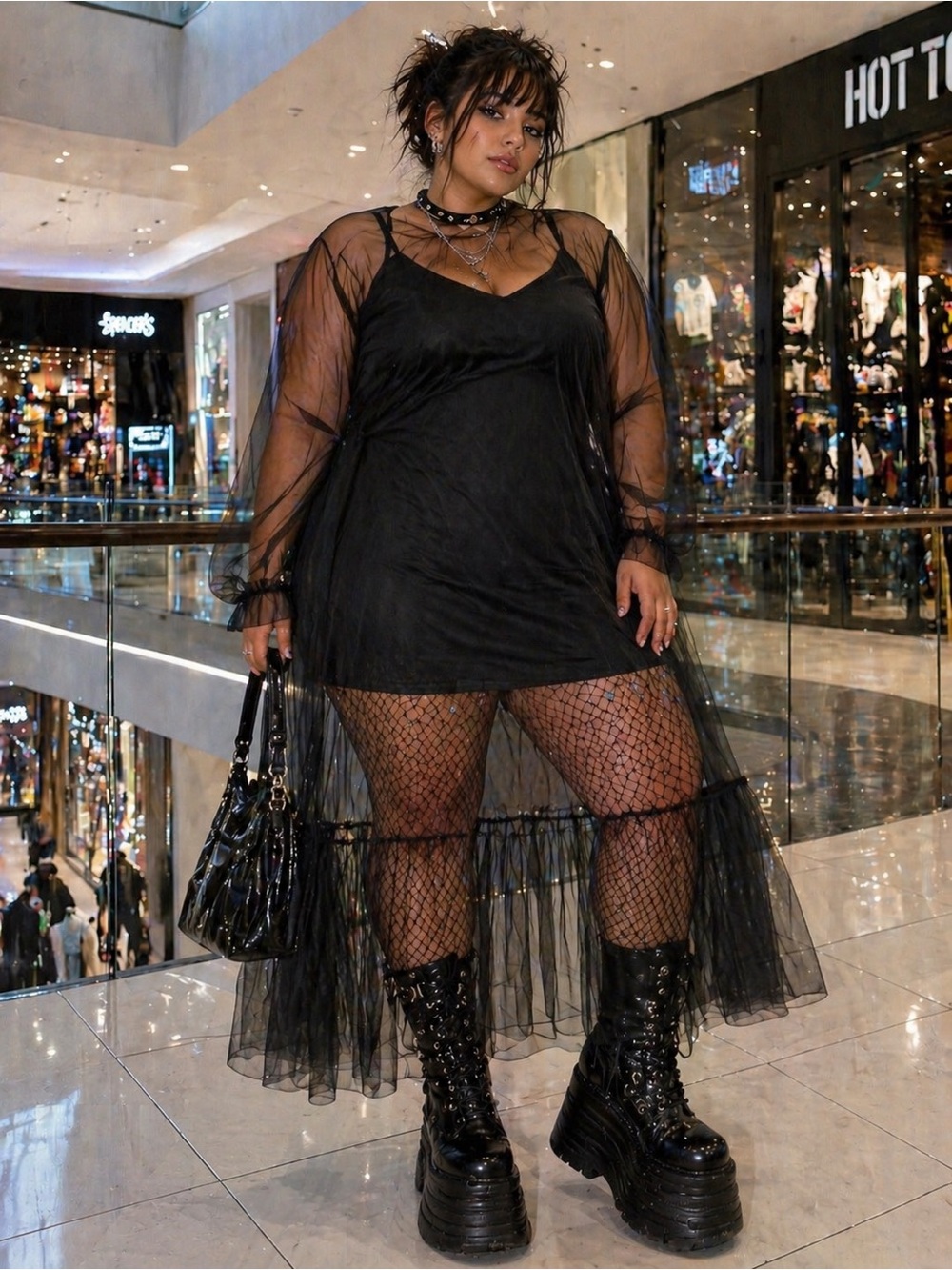 Plus Size Sheer Black Mesh Tiered Midi Dress with Romper